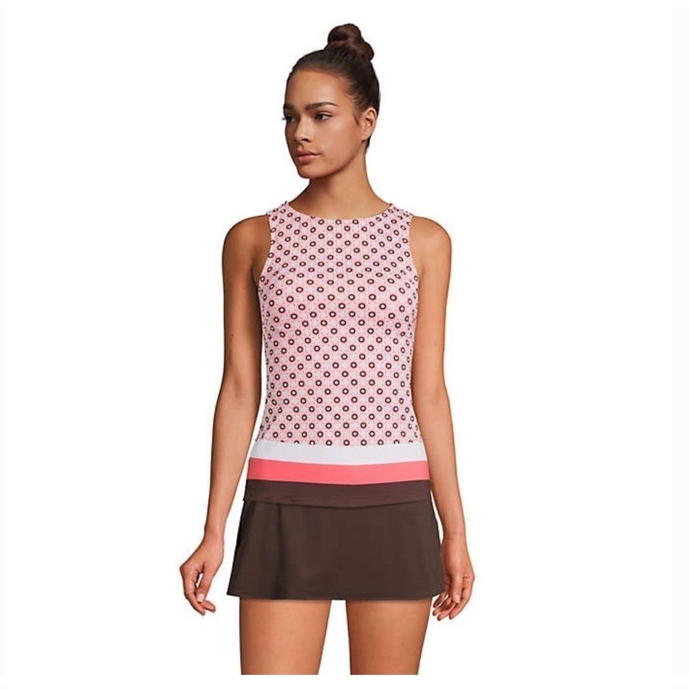 Lands' End Pink Patterned Tankini Top with Coral and Brown Bands